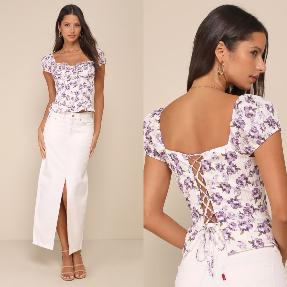 NWT Lulus Floral Corset Top Purple White Lace Up Back Ruffle Sweetheart Lined S